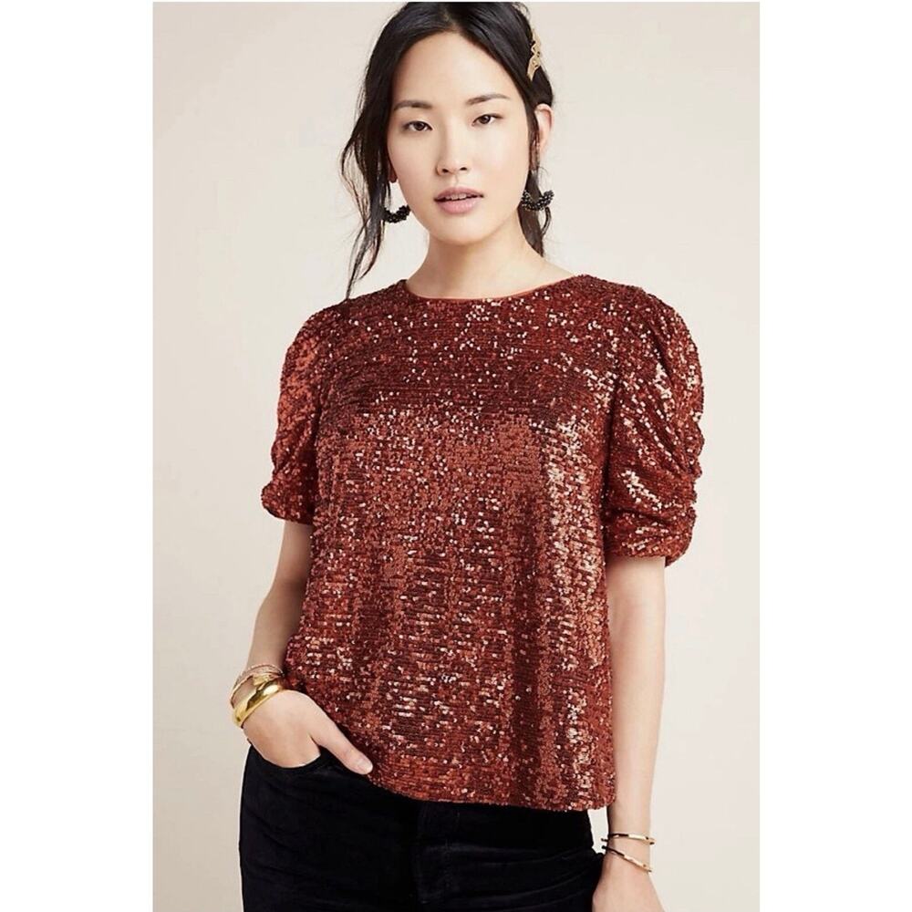 Anthropologie Marie Sequin Puff Sleeve Blouse Copper Orange Size 2